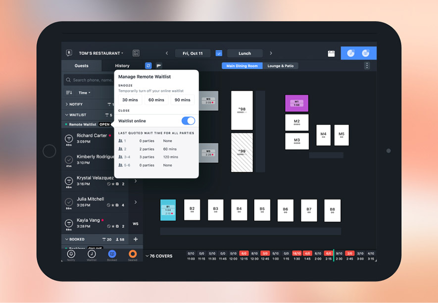 Screenshot of Resy OS reservation software on a tablet.